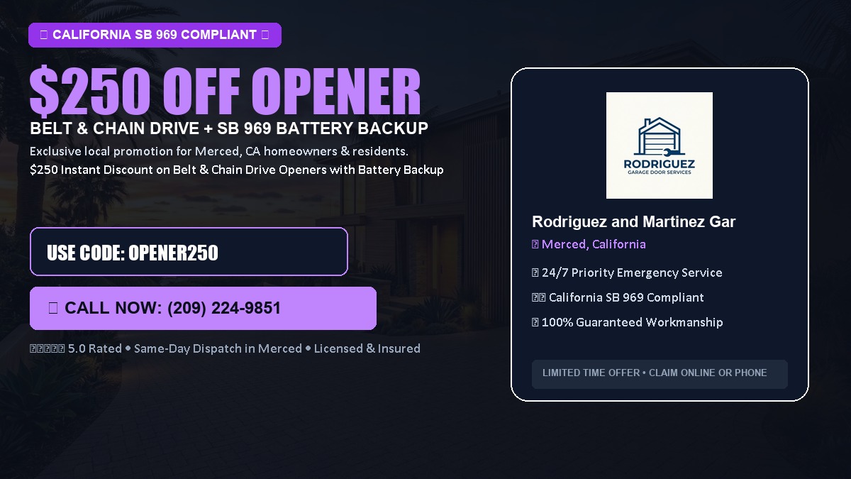 $250 OFF Smart Garage Door Opener Installation (Belt & Chain Drive with California SB 969 Battery Backup) in Merced, CA