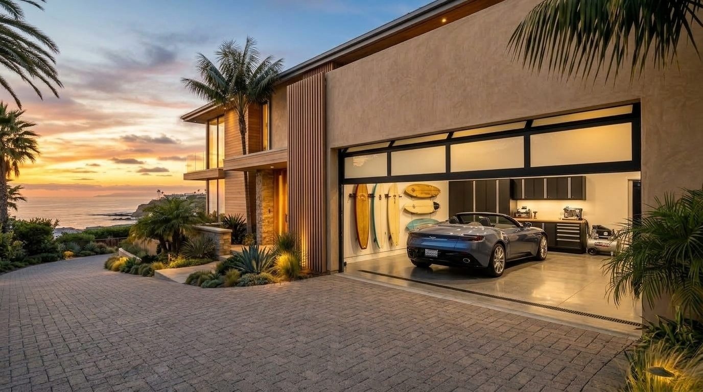 Rodriguez and Martinez Garage Door Garage Door Gliding Open Revealing Warm Illuminated Interior